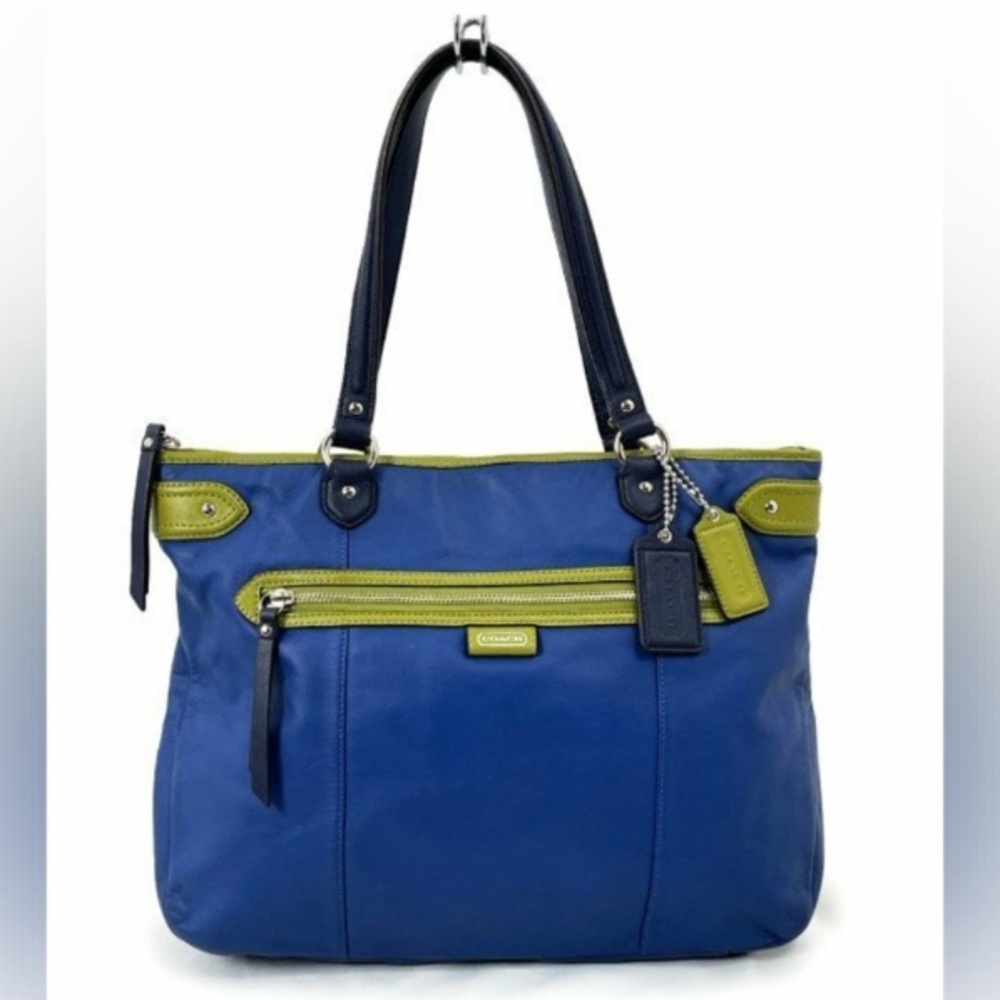 Coach Blue Leather Tote with Lime Green Trim
